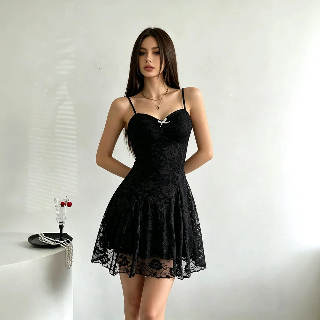 EINY Luxury High Street Lace Spaghetti Strap Mini Dress Coquette Sexy Sheer Party Vestido Gothic Women Slim Gown Club Dresses