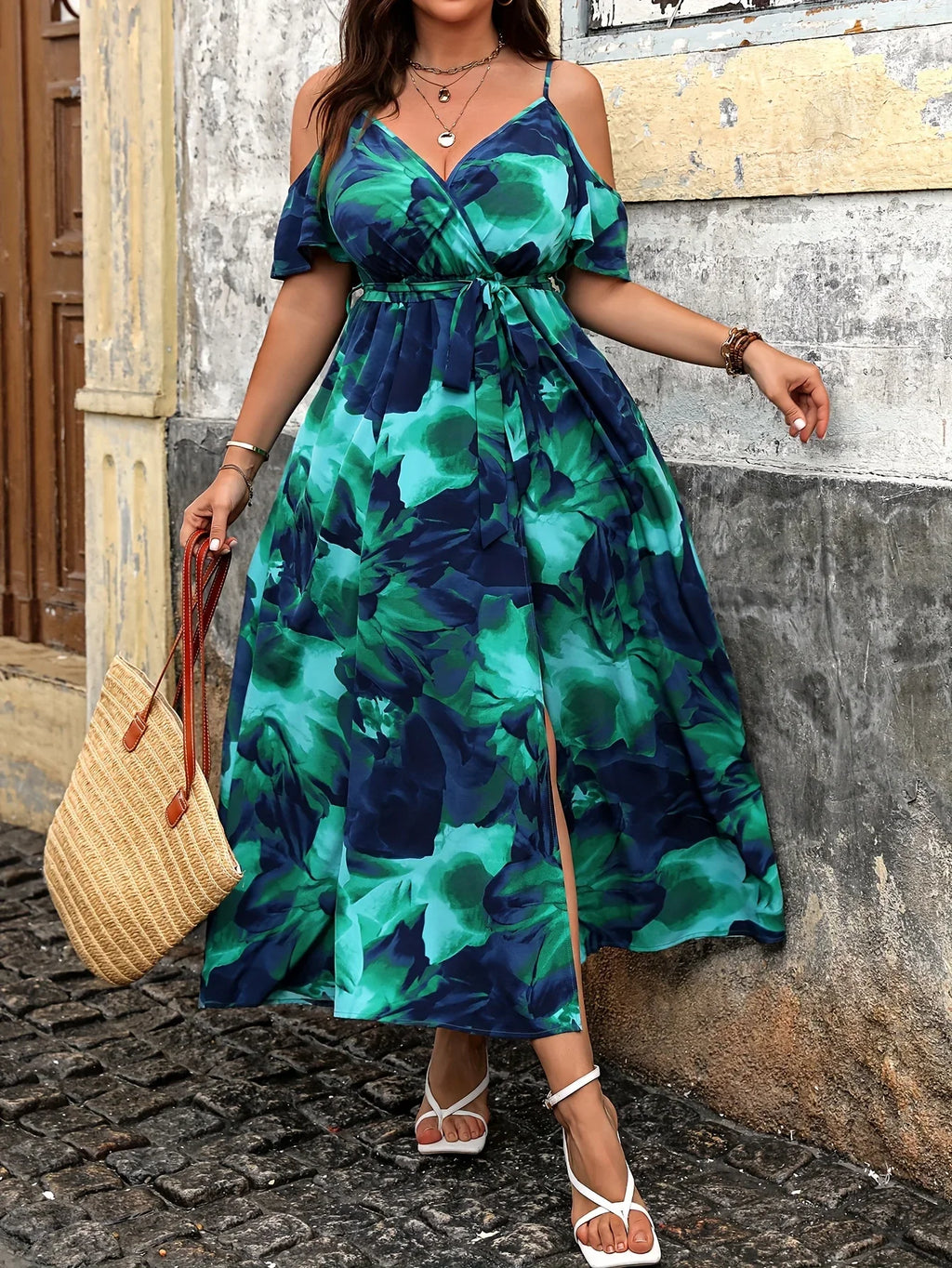 Plus Size Women's Summer Casual Vacation Dress Luxury Floral Print Off the Shoulder Slip Dresses Curve Clothing