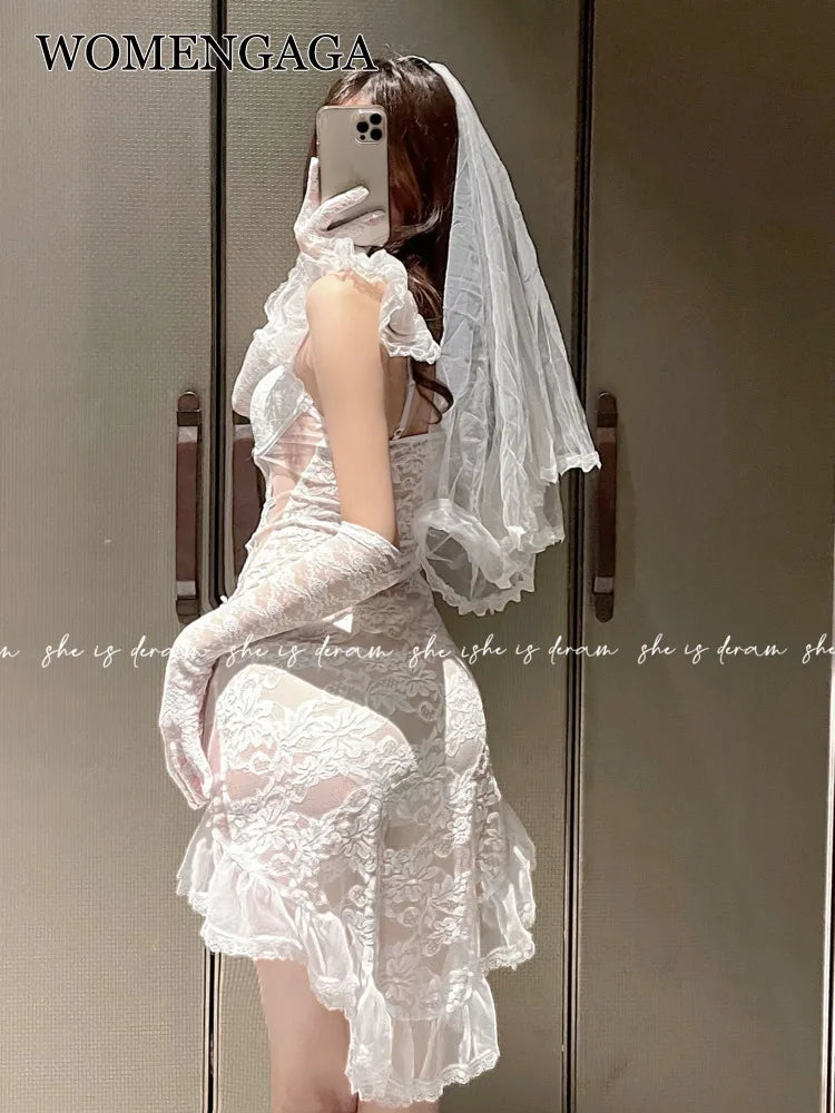 WOMENGAGA Exotic Cosplay Bride Thin Lace Mesh Transparent Wedding Dress Hot Sexy Mini Dresses Set Fashion Uniform Tops IX52