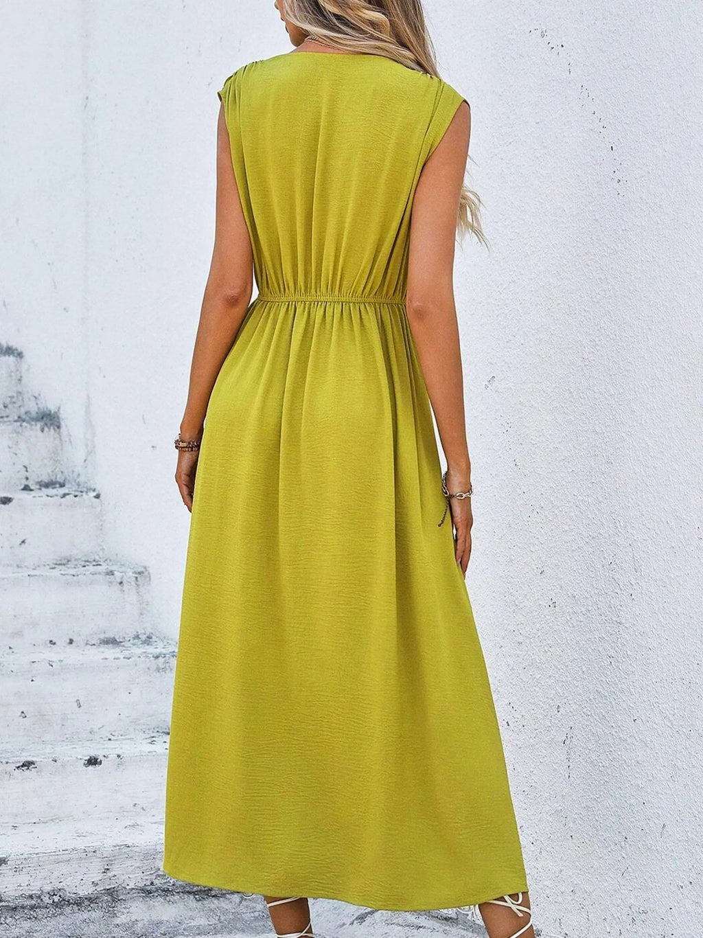 Women's Solid Color A-Line Dress Sleeveless Front Thin Straps Elegant Belted Midi Dress for Summer