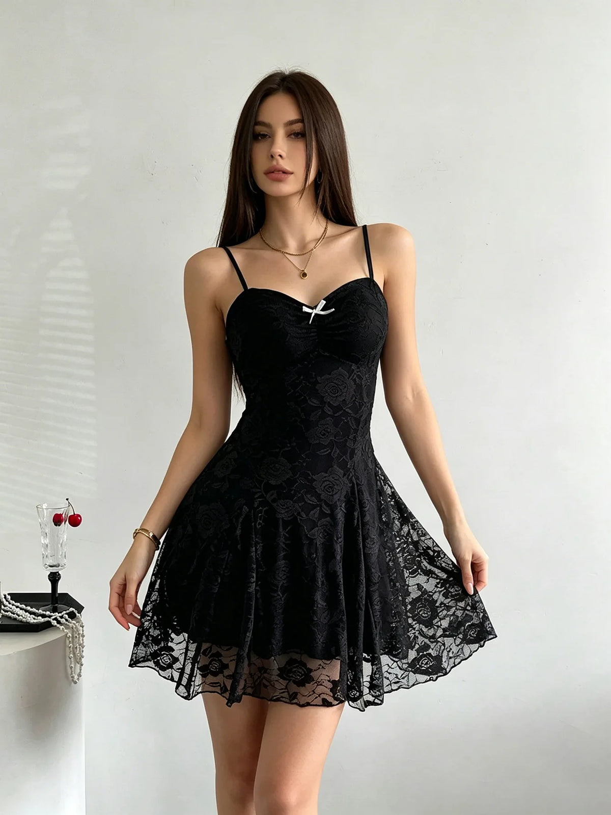 EINY Luxury High Street Lace Spaghetti Strap Mini Dress Coquette Sexy Sheer Party Vestido Gothic Women Slim Gown Club Dresses